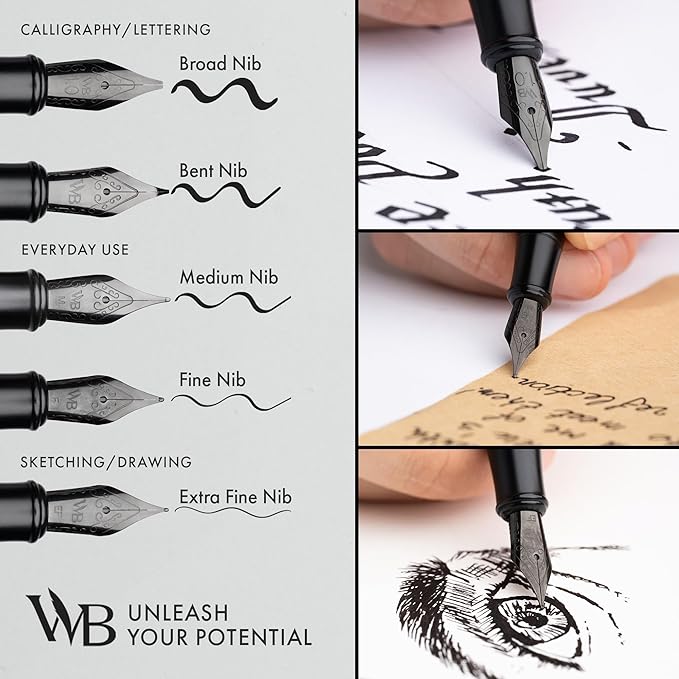 Wordsworth & Black Fountain Pen Set, Bent Nib, Includes 24 Pack Ink Cartridges, Ink Refill Converter & Gift Box, Calligraphy, [All Black], Perfect for Men & Women