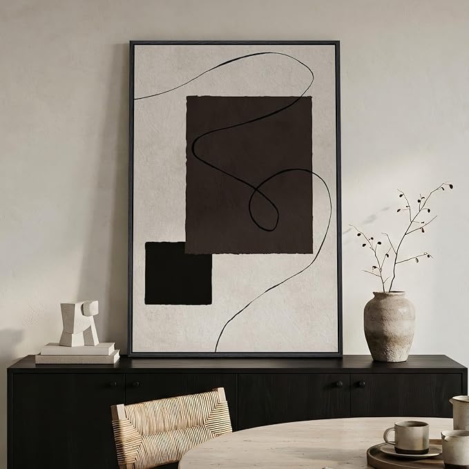 Framed Modern Black and White Neutral Abstract Wall Art, Contemporary