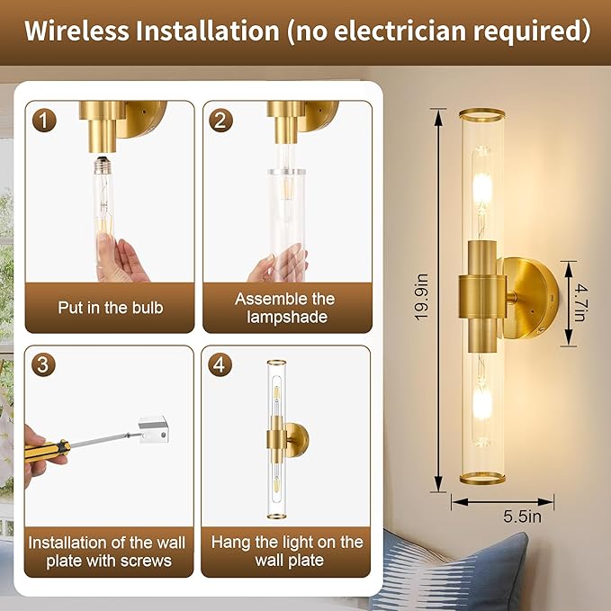 Morauroral Gold Battery Operated Wall Sconces Set of 2, Rechargeable Wall Lights