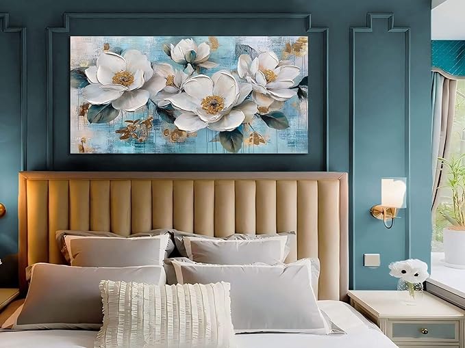Ardemy Flower Wall Art for Living Room White Floral Canvas Art Wall Decor