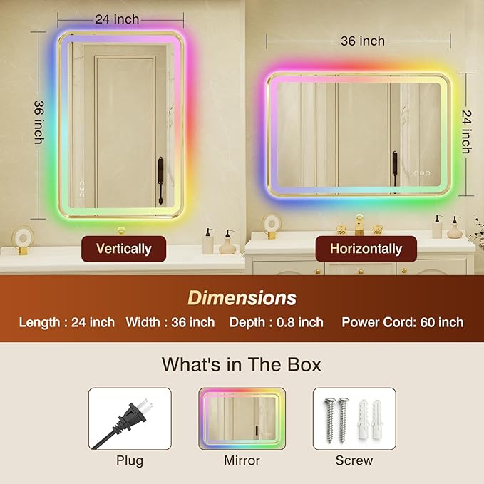 24x36 Inch Gold Framed LED Bathroom Mirror