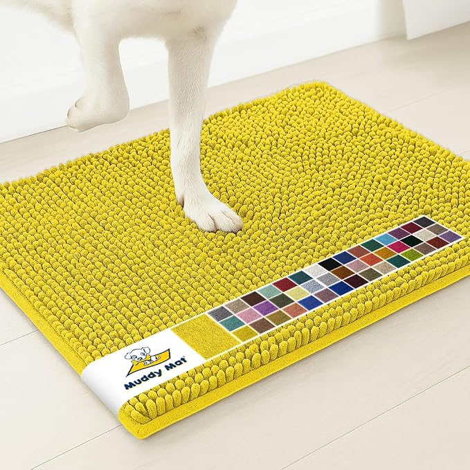 Muddy MatÂ® | Super Water Absorbent Door Mat Indoor, Microfiber Quick Dry Chenille Entryway Rug,Slip Resistant Front Door Mat,Indoor Mats for Entryway,Machine Washable Pet Rug, Lemon Yellow 36" x 120"