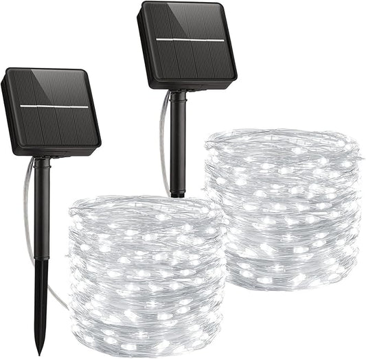 Minetom Solar String Lights, 2 Packs Total 66Ft 200 LED Solar Fairy Lights, Waterproof Solar Lights for Outside Patio Yard Tree Wedding Christmas, Pure White