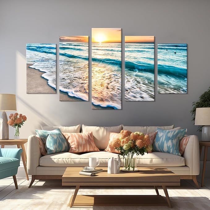 Goldfoilart 5 Pieces Beach Coastal Wall Art Sea Sunset Seascape Pictures Ocean
