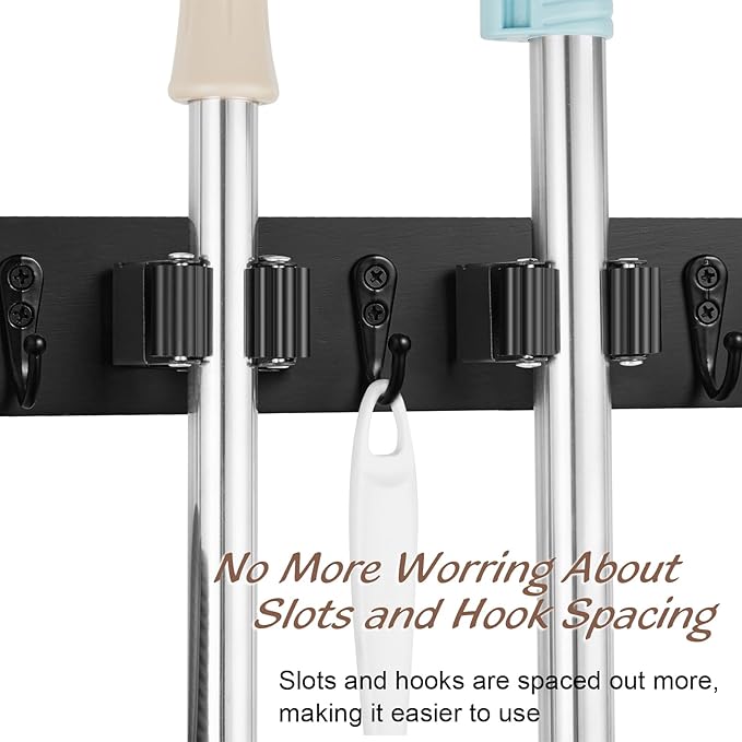 OUTNILI Mop and Broom Holder Wall Mount - Black Broom Mop Hanger - Wall Mounted Garden Tool Rack Organizer for Closet Garage Laundry Room Kitchen Decor With 5 Slots & 4 Hooks