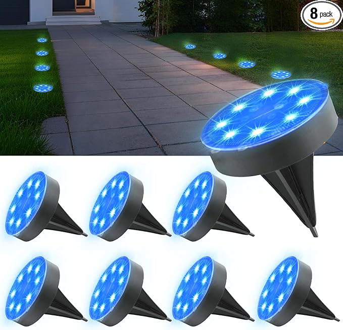 Ground Lights 8 Pack, IP68 Waterproof Solar Disc Lights for Outdoor, Flat Garden Light, In-Ground Light, Landscape Lighting for Pathway, Walkway, and Yard-8 Pcs (Blue)