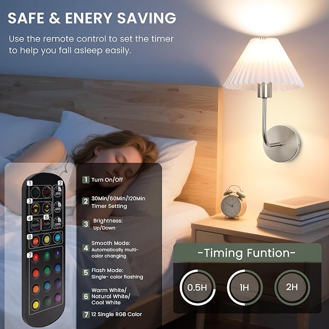 Wireless Wall Sconce Sets of 2, Pleated Shades Rechargeable Battery Operated