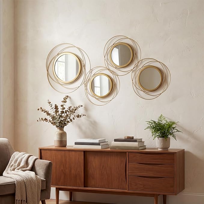 4 Piece Gold Round Wall Mirror Set Modern Metal Circle Home Decor