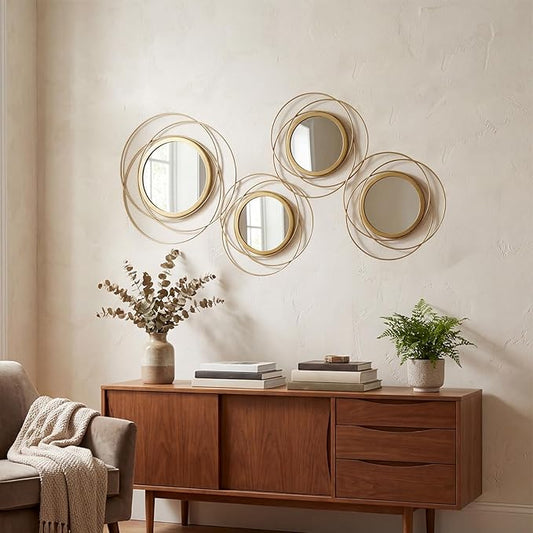4 Piece Gold Round Wall Mirror Set Modern Metal Circle Home Decor