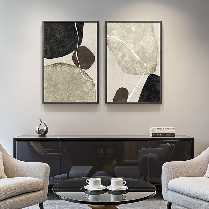 Framed Neutral Abstract Wall Art Set of 2, Modern Black Beige Brown Canvas