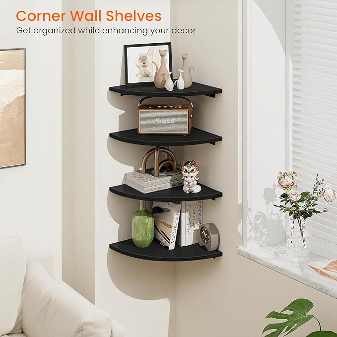 Homode Corner Shelf Wall Mount, 4 Tier Rounded Corner Floating Shelves