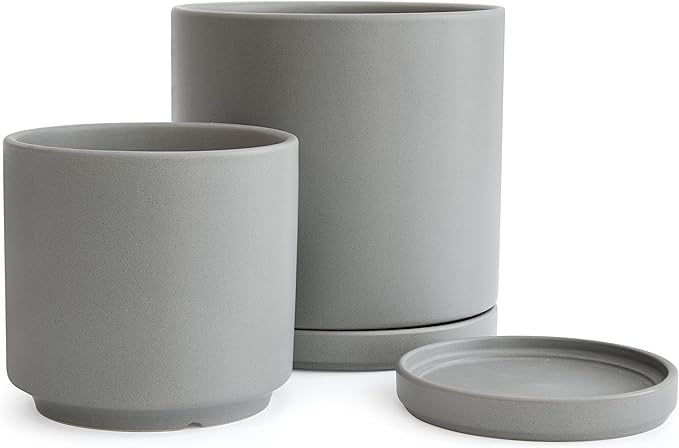 D'vine Dev 8 Inch & 10 Inch Ceramic Planter Pot for Plants with Drainage Hole and Saucer, Large Plant Pots Set, Grey, 94-G-L-3
