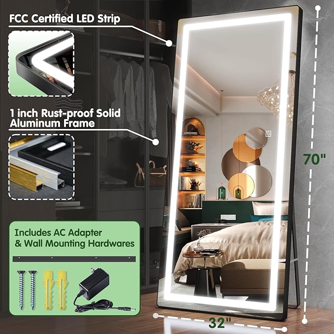 FENNIO Full Length Mirror with Lights, Free Standing Lighted Floor Mirror
