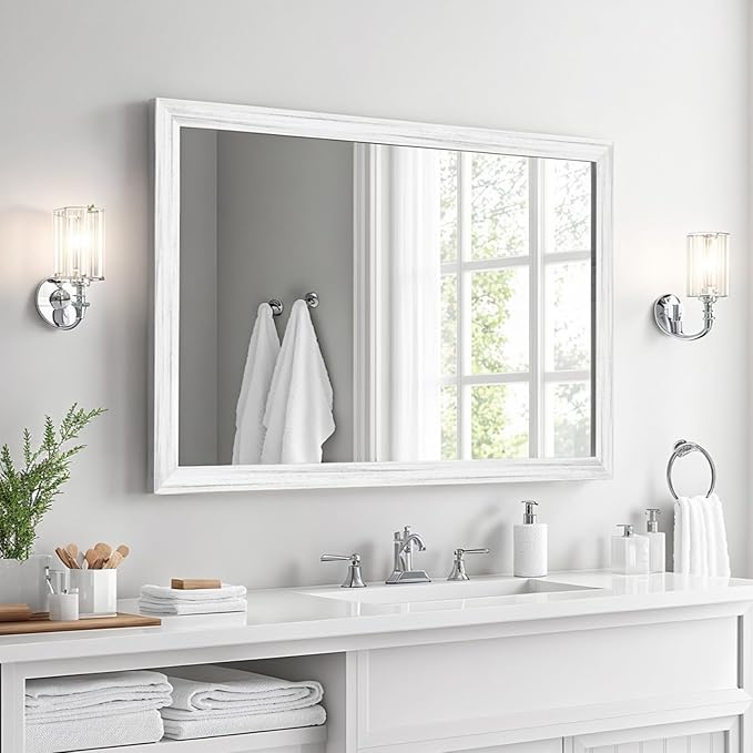 White Wood Effect Framed Wall Mirror, 24x36 Rectangle Mirror, Anti-desilvering