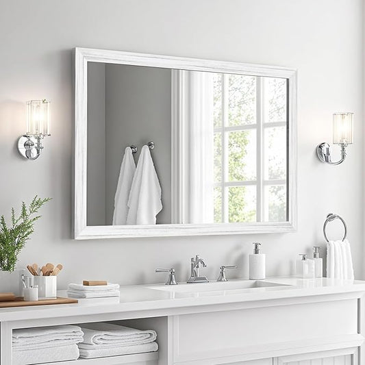 White Wood Effect Framed Wall Mirror, 24x36 Rectangle Mirror, Anti-desilvering