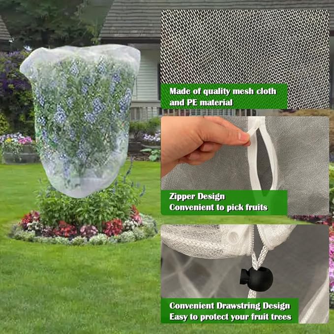 Fruit Tree Netting Covers with Zipper to Protect from Squirrels and Birds Large Netting for Fruit Trees Net Protection, White, 8' x 8', 1 Pack