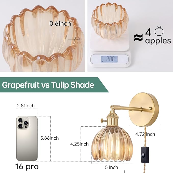 Shenmoyl Plug in Wall Sconce, Amber Tulip Glass Lampshade Wall Light Plugin