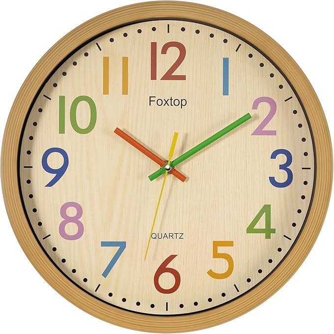 Foxtop Silent Kids Wall Clock 12 Inch Non-Ticking Battery Operated Colorful