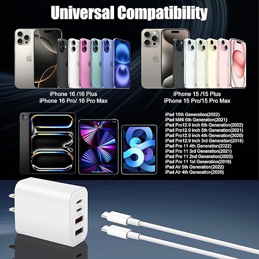USB Type C Charger for iPhone 17 16 Pro,40W Multiport Type C Charger Fast Charging,2Pack 4Port USB C Wall Charger 10FT USBC Chargers Cord for iPhone 17/17 Pro/17 Air/16 ProMax/16e/15/15 ProMax/15 Plus