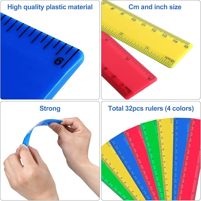 32 Pack 6 Inch Mini Rulers Bulk Plastic Small Rulers with Inches and Centimeters, Drafting Measuring Tool Set for Classroom Kids Student School Office Supplies(6 Inch,Yellow, Green, Blue, Red)
