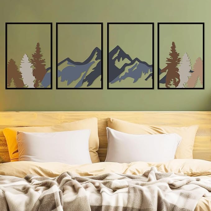 ESTART 4 Pcs Metal Mountain and Forest Wall Decorations Line Drawing Wall Art Minimalist Wall Decor Rustic Nature Home Wall Art Sculpture For Living Room Bedroom Office (Mountain Forest Large)