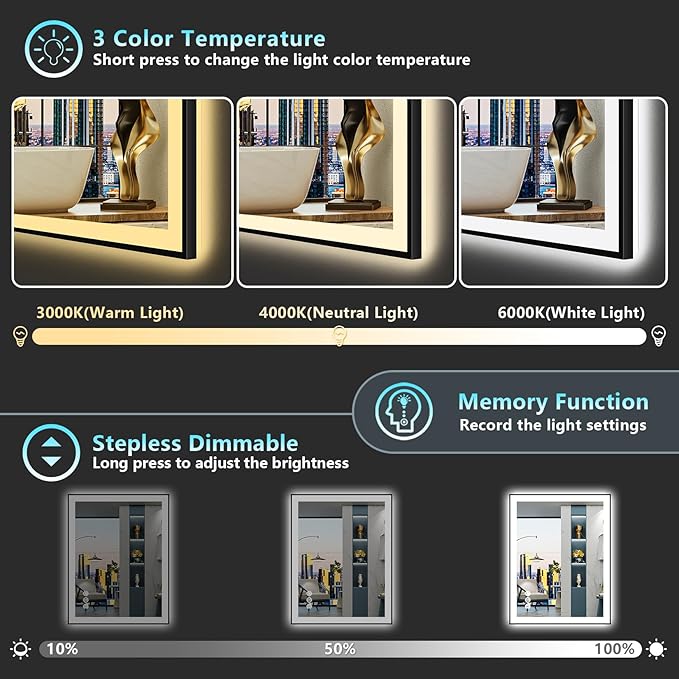 24x36 Black Framed LED Bathroom Mirror