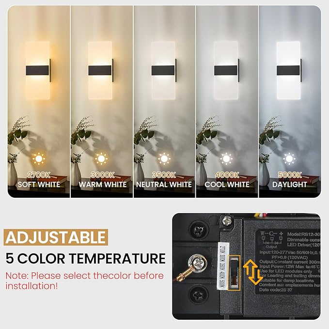 Modern LED Wall Sconces Set of Two, 12 Inch Indoor Dimmable Black Wall Lights