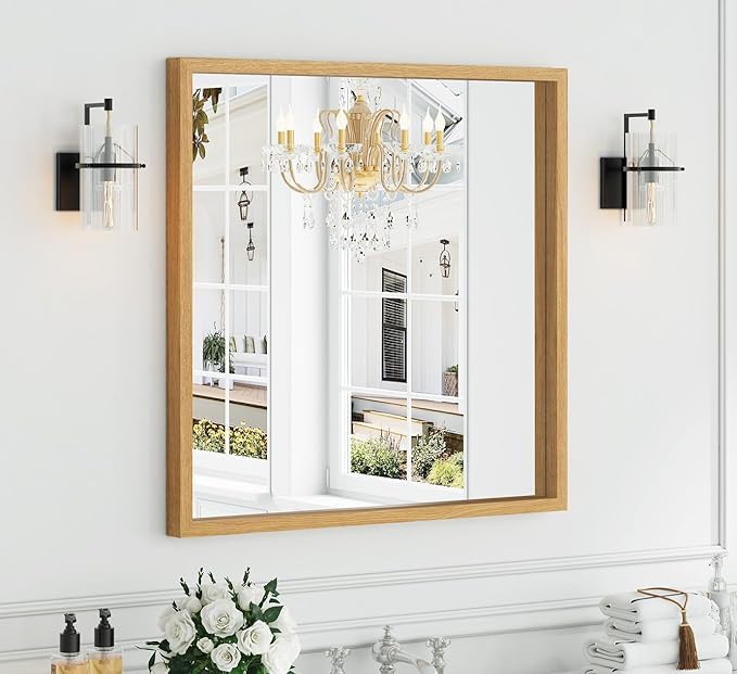 Syndra Square Natural Wood Frame Bathroom Mirror, Waterproof Slim Deep Frame