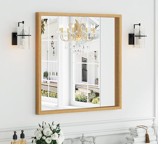 Syndra Square Natural Wood Frame Bathroom Mirror, Waterproof Slim Deep Frame
