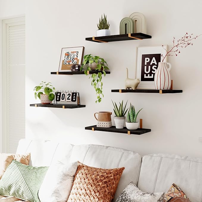 Fixwal Floating Black Gold Shelves Set of 5, Width 4.7 Inches, Rustic Wood Wall
