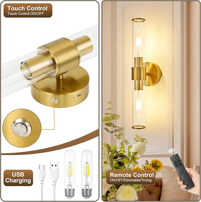 Morauroral Gold Battery Operated Wall Sconces Set of 2, Rechargeable Wall Lights
