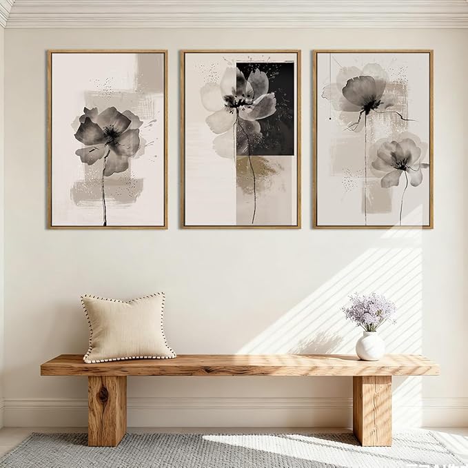 IARTTOP Large Framed Neutral Abstract Wall Art 24x36 Inch Oversized Modern Beige Gray Floral Canvas Wall Decor Minimalist White Flower Art Prints for Living room Bedroom Set of 3