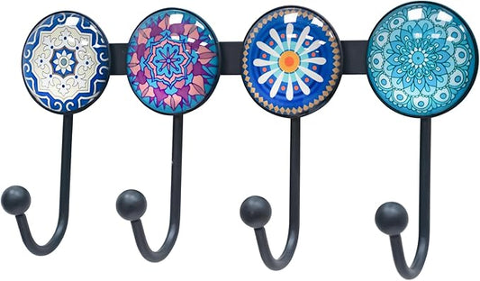 Coat Rack Wall Mounted with 4 Hooks, Round Blue Pattern Decorative Wall Hooks