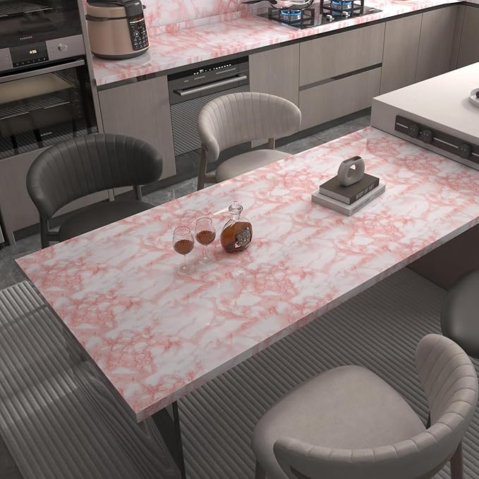 Extra Wide Marble Contact Paper Granite Peel and Stick Wallpaper Pink Glossy