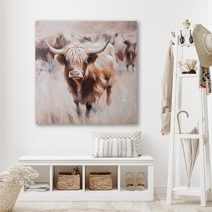 JolyWell Textured Highland Cow Canvas Wall Art Hand painted Farm Animals