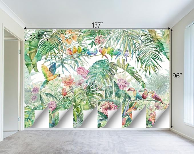 Tropical Green Botanical Flower Birds Leaf Wallpaper Bedroom Plant Floral Mural