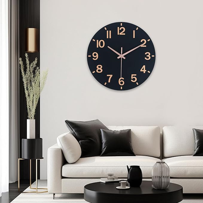 HZDHCLH Wall Clock 10 Inch Silent Non Ticking Wood Battery Operated Black