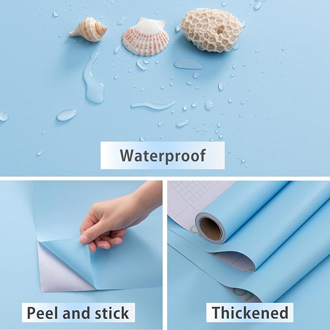 FUKU MON Light Blue Matte Contact Paper, Self-Adhesive Peel and Stick Wallpaper
