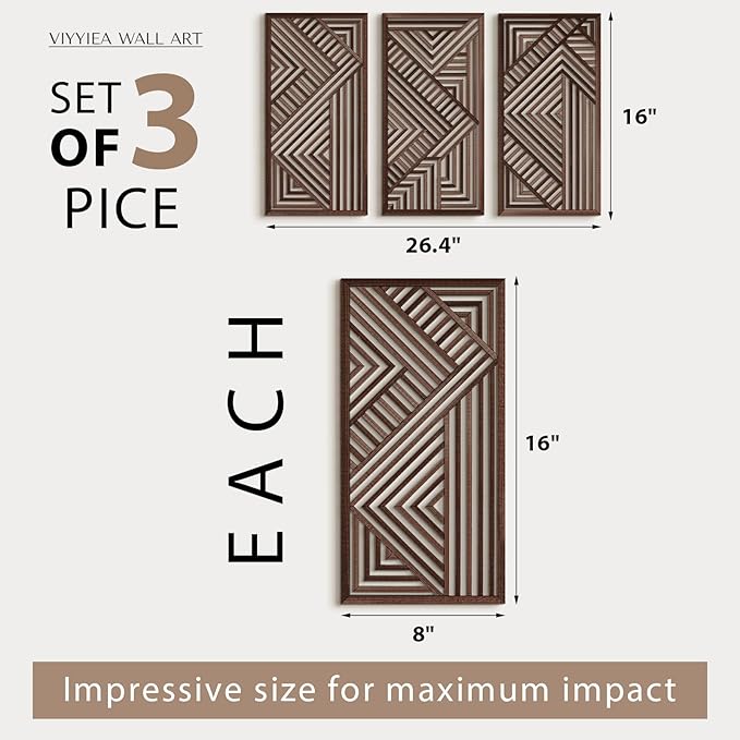 VIYYIEA Boho Solid Wood Carved Wall Art Set of 3, Geometric Minimalist Wooden