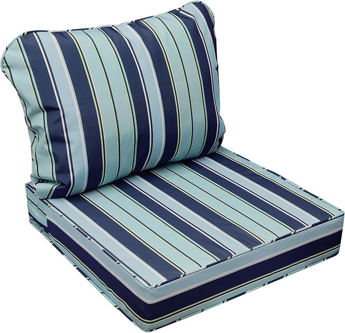 AAAAAcessories Outdoor Seat Cushions for Chairs, Fade-Resistant, Waterproof Patio Furniture Replacement Cushions, 21" x 21" x 3" + 21" x 17", Ash Teal Seaside Stripe
