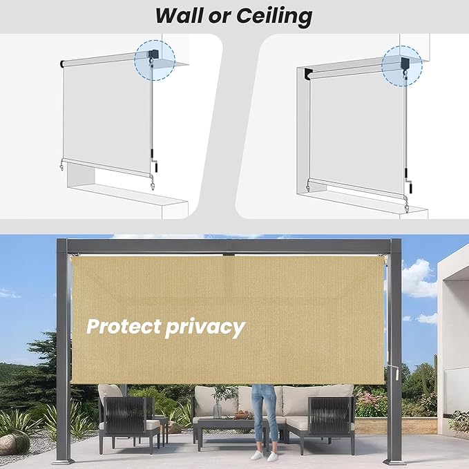 8'W x 8'H Sesame Patio Shades Roll up Outdoor Roller Shade Crank Wand Blind