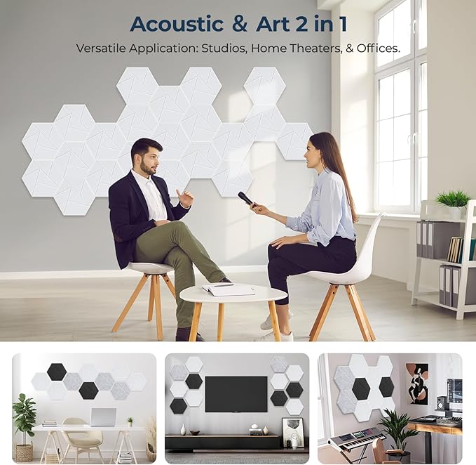 12 Pack Hexagon Acoustic Panels, Self-Adhesive Acoustic Wall Panels
