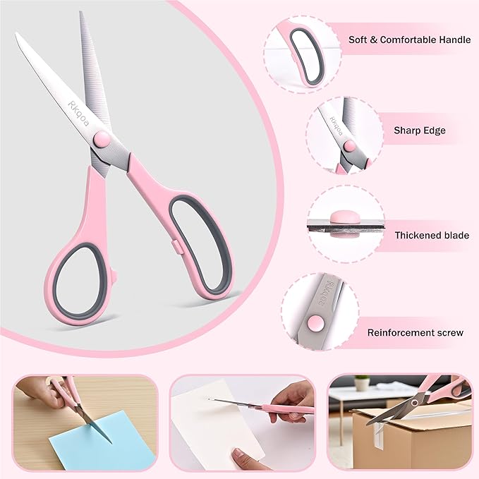 Black 6 Scissors Pack, Rkqoa 8" All Purpose Scissor - High Performance and Designed for Everyday use, Stainless Steel Shears Set with Comfort-Grip, Right/Left Handed