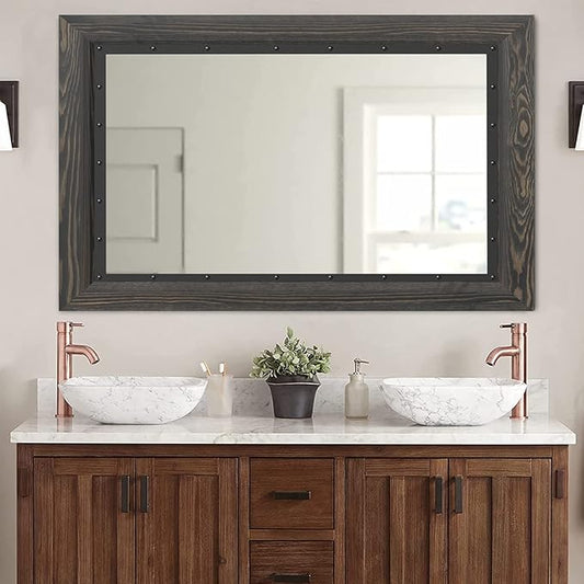 YOSHOOT Rustic Wooden Framed Wall Mirror, Natural Wood and Iron Bathroom Vanity
