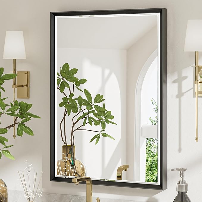 Black Framed Mirror for Bathroom, 22x30 Inch Black Rectangle Beveled Bathroom
