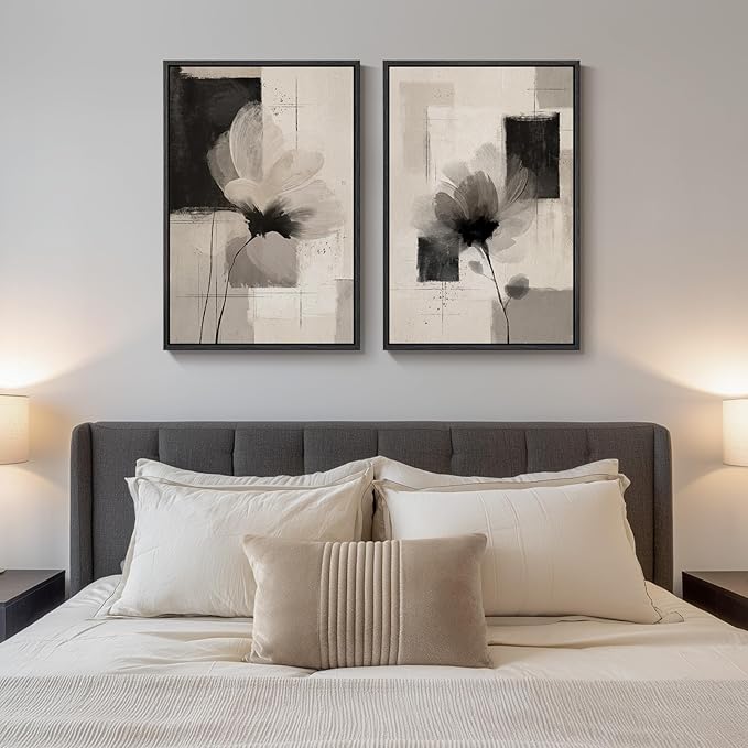 Framed Neutral Abstract Floral Wall Art, 2 Piece Black and Beige Minimalist