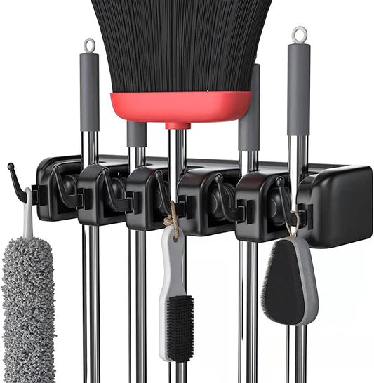 LETMY Broom Holder Wall Mount - Mop and Broom Hanger Holder - Garage Storage Rack & Garden Tool Organizer - 5 Position 6 Hooks Broom Rack for Home, kitchen, Garden, Tools, Garage Organization - Black
