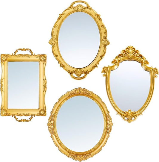 Beeveer 4 Pcs Vintage Gold Mirrors Set Decorative Hanging Wall Decor