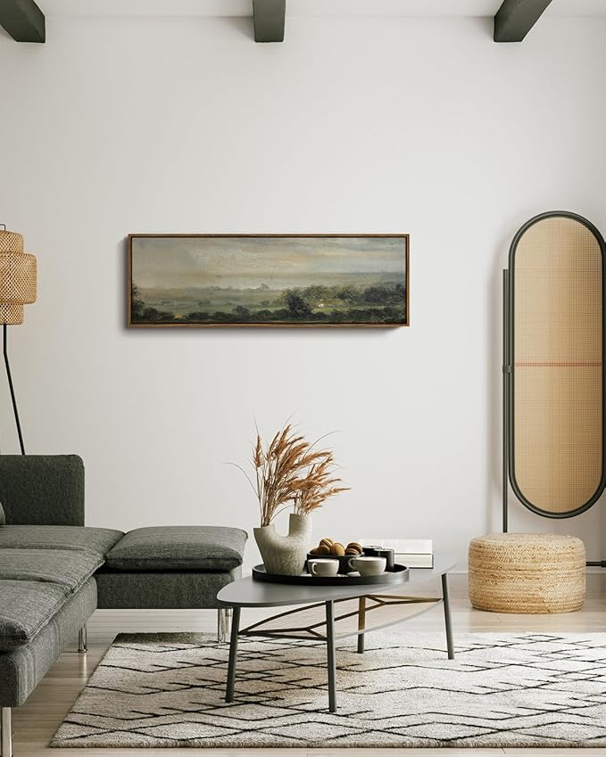 InSimSea Extra Large Framed Vintage Wall Art, Living Room Country Farmhouse Decor, Wild Field under Sky Landscape Paintings, Canvas Prints, Scenery Long Picture for Bedroom Above of Bed,12x36inch
