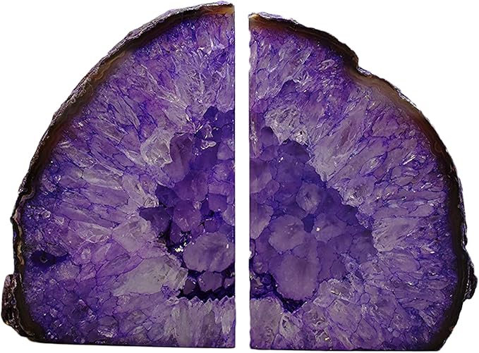 JIC Gem Purple Agate Bookends Geode Book Ends Heavy Duty Crystal Bookends Decorativer with Rubber Bumpers (1 Pair, 4-6 LBS)
